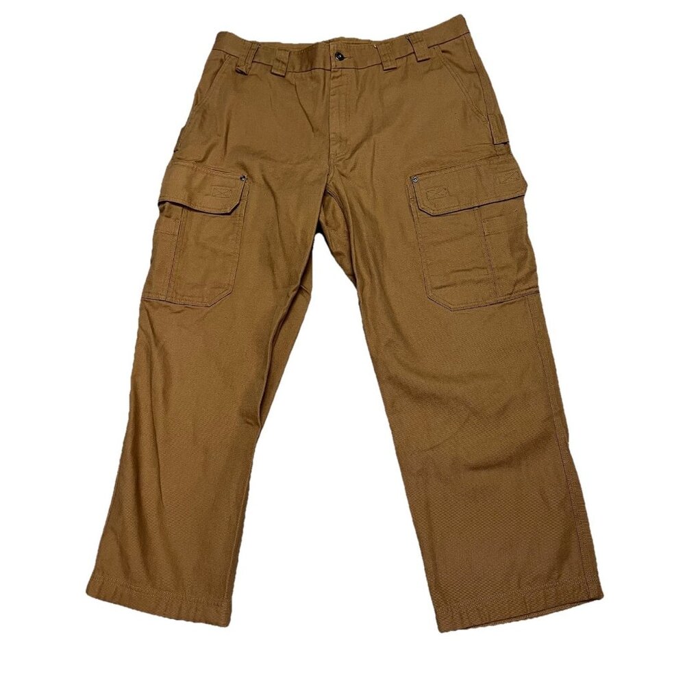 Duluth Trading Cargo Work Pants Mens 40x30 Brown Khaki Flat Front Canvas